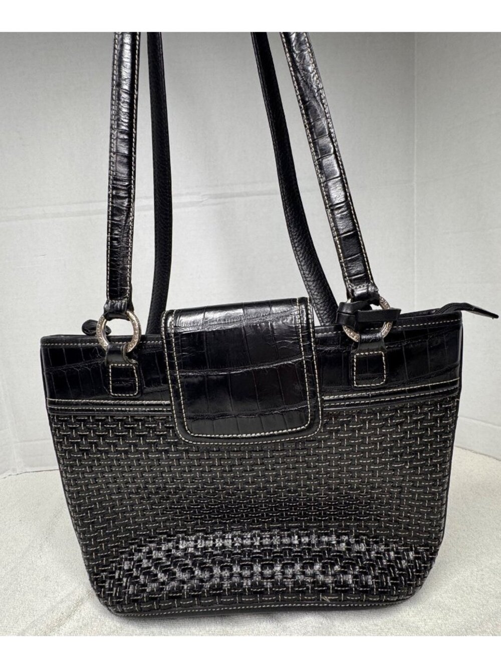 Brighton Black Leather Classic Tote Bag Basket Weave Front Panel Croc Trim - Picture 1 of 15